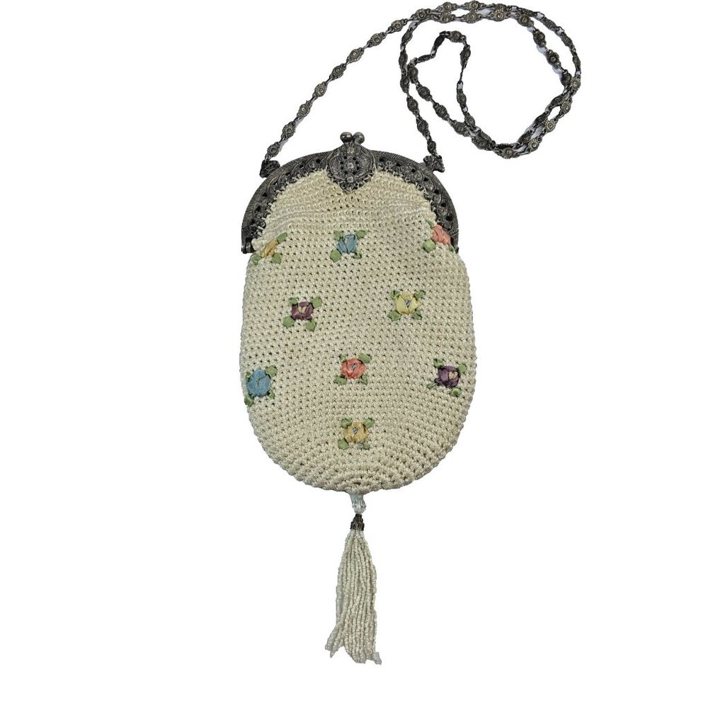 Vintage Christiana Brand Handbag Purse Ribbon Embroidered Chain Strap Ivory